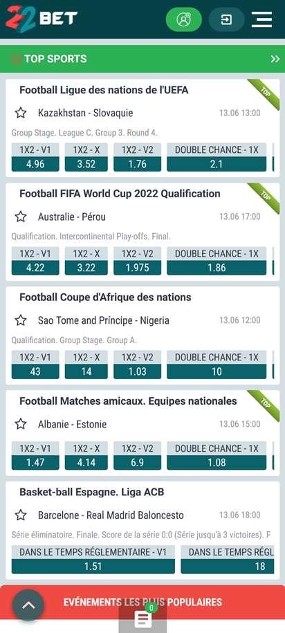 Vue de l'App dans l'onglet Sports